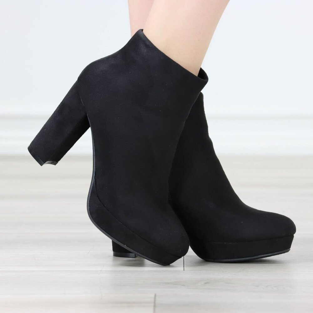 Black Faux Suede Platform Booties Block Heel Side Zip - Picture 11 of 11